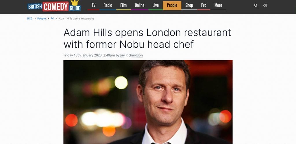 British Comedy Guide announcement of Adam Hills' partnering with Scott Hallsworth on The Freak Scene restaurant in Parsons Green, Fulham, London
