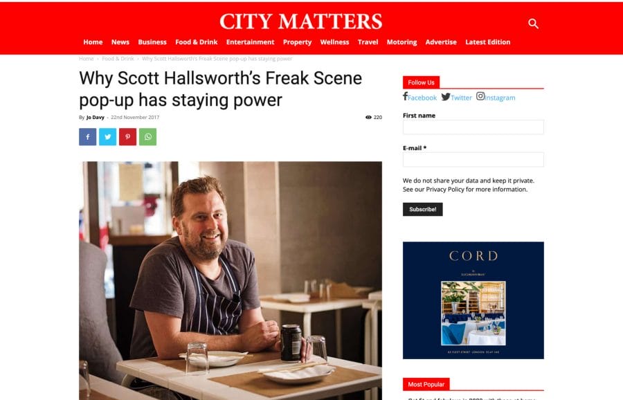 City Matters announces the return of Scott Hallsworth's iconic restaurant, The Freak Scene