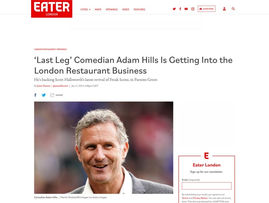 Eater announcement of Adam Hills and Scott Hallsworth's partnership to launch The Freak Scene in Parsons Green