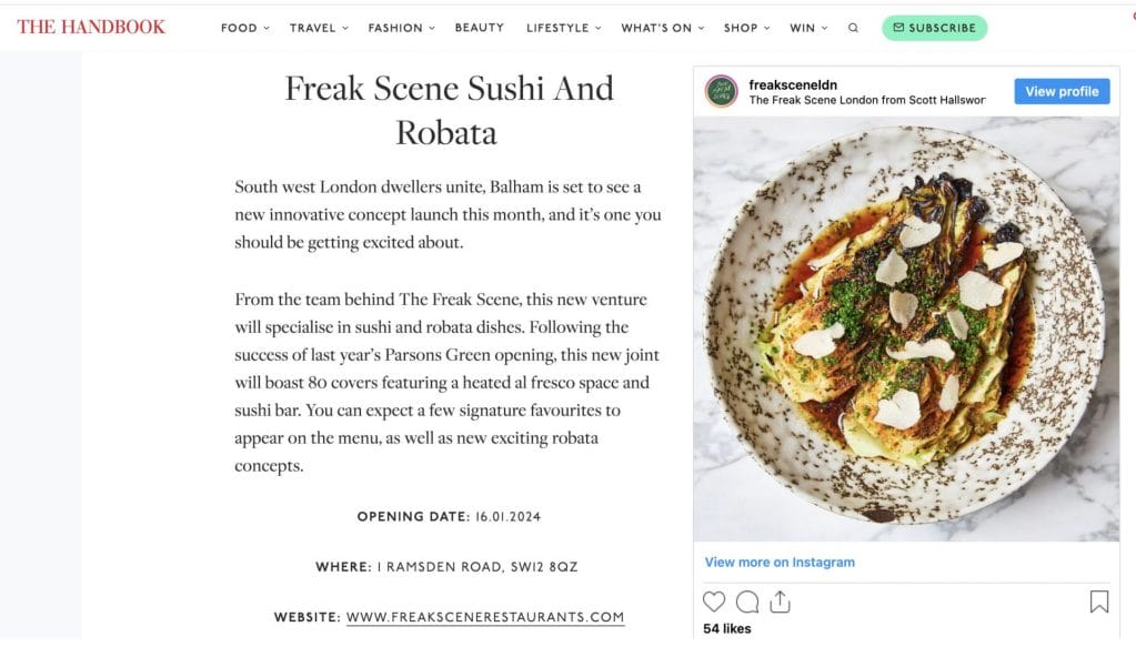 Thanks to The Handbook for the piece on Freak Scene Sushi and Robata in Balham, opening on the 18th of January, 2024 All seatings during January '24 receive 10% off 🔗 Click here to book via SEVENROOMS